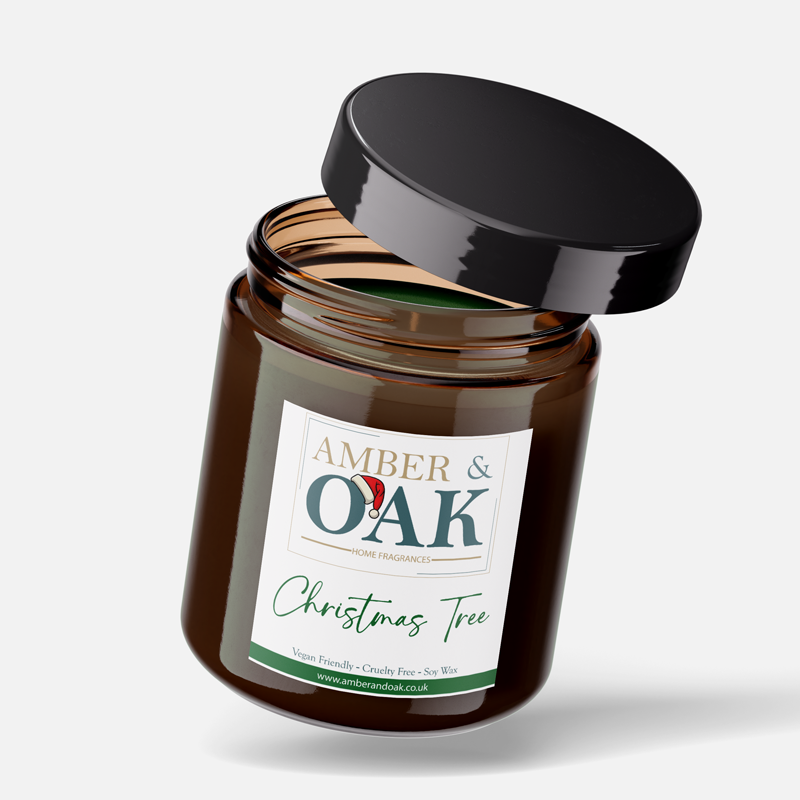 Amber and Oak Christmas Tree Candle - A handmade soy wax candle with a fresh, pine scent reminiscent of a festive Christmas tree, perfect for adding a natural holiday ambiance.