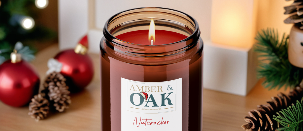 Decorative shelf featuring a collection of nutcracker-themed scented candles in elegant candle holders with warm ambient lighting.