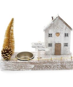 18cm Gold Christmas House Tealight Holder - Image 1