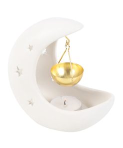 White Crescent Moon Hanging Oil Burner with Gold Dish - Image 1