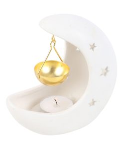 White Crescent Moon Hanging Oil Burner with Gold Dish - Image 2