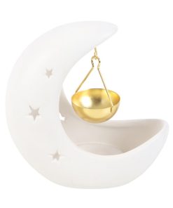 White Crescent Moon Hanging Oil Burner with Gold Dish - Image 3