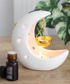 White Crescent Moon Hanging Oil Burner with Gold Dish - Image 4