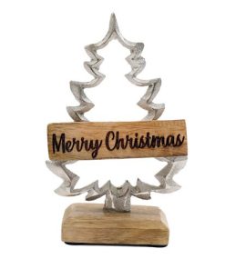 22cm Aluminium Christmas Tree on Wooden Base - Image 1