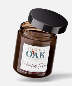 Amber and Oak Enchanted Ember Candle - A handmade soy wax candle with a warm, smoky scent featuring notes of amber and wood, perfect for creating a cozy, magical atmosphere.