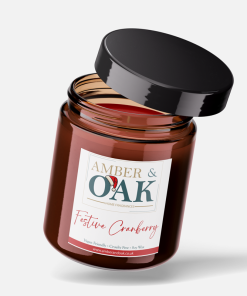 Amber and Oak Festive Cranberry Candle - A handmade soy wax candle with a bright and fruity cranberry scent, perfect for adding a cheerful, holiday touch to your space.