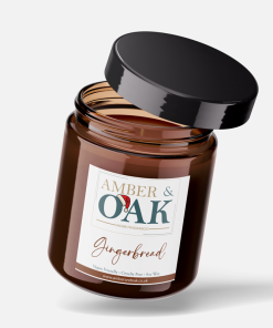 Amber and Oak Gingerbread Candle - A handmade soy wax candle with the warm, sweet scent of freshly baked gingerbread, perfect for creating a cozy and festive holiday atmosphere.