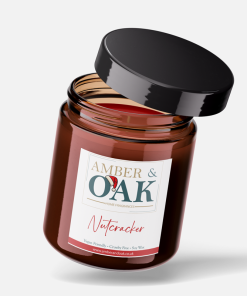 Amber and Oak Nutcracker Candle - A handmade soy wax candle with a warm blend of roasted chestnut, cinnamon, and sweet vanilla, perfect for evoking the nostalgic warmth of the holiday season.